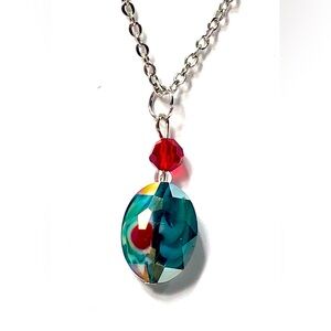 Handmade Teal & Red Glass Oval Pendant Necklace Women Gift Anniversary Wedding